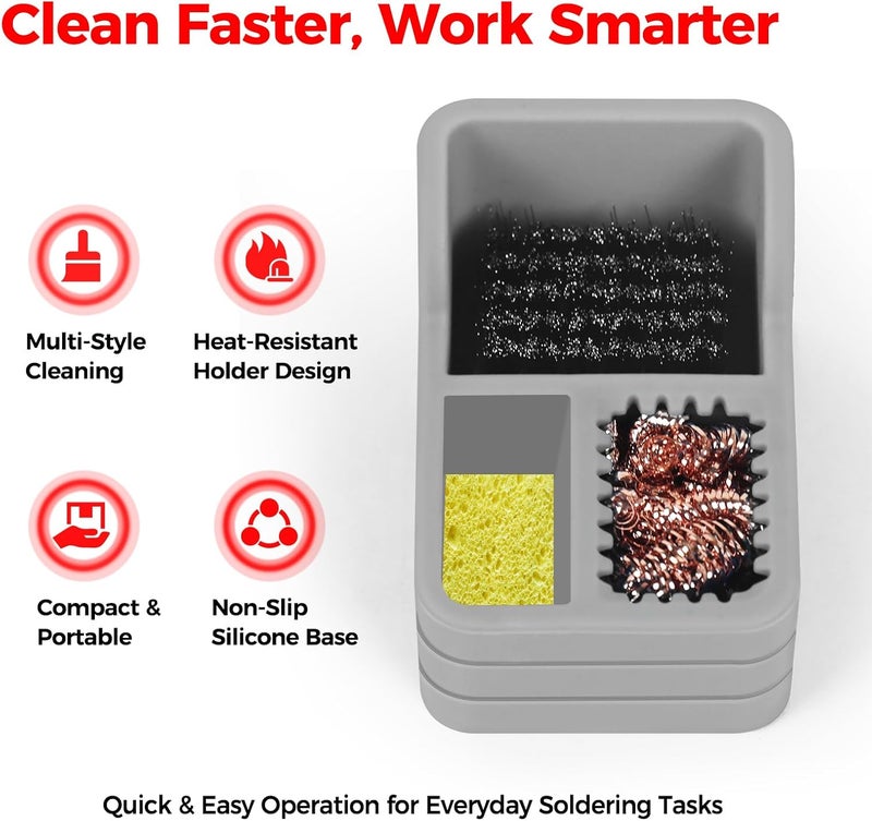 EOOKU Soldering Iron Tip Cleaner Kit with Brass Wool, Sponge, Steel Brush in Gray Silicone Holder – Heat and Scratch Resistant Cleaner for Soldering, Electronics Repair, DIY Projects - Image 2